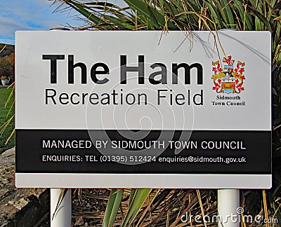 A sign for the Ham Recreation Field in Sidmouth, Devon. This is also the main venue for the Annual Sidmouth folk week in August Editorial Stock Photo