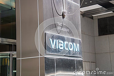 Sign for the headquarters of the mass media conglomerate Viacom located in Manhattan, New York on Broadway Editorial Stock Photo