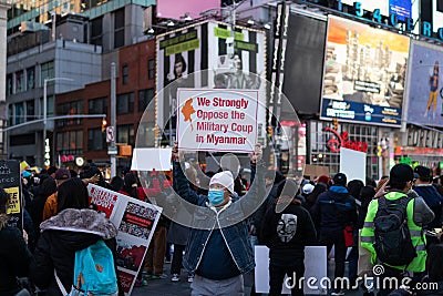 Sign Held by a Protestor at Times Square in New York City during a Myanmar Protest against the Military Coup Editorial Stock Photo