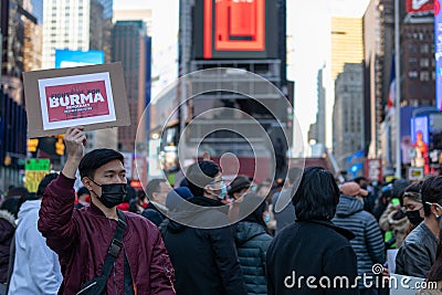 Sign Held by a Protestor at Times Square in New York City during a Myanmar Protest against the Military Coup Editorial Stock Photo