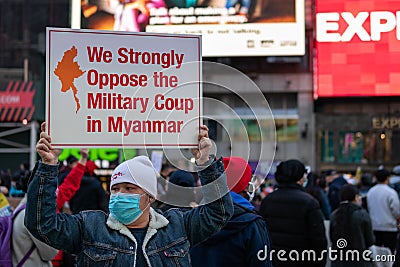 Sign Held by a Protestor at Times Square in New York City during a Myanmar Protest against the Military Coup Editorial Stock Photo