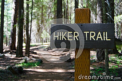 Sign for Hiker Trail in a forest Stock Photo