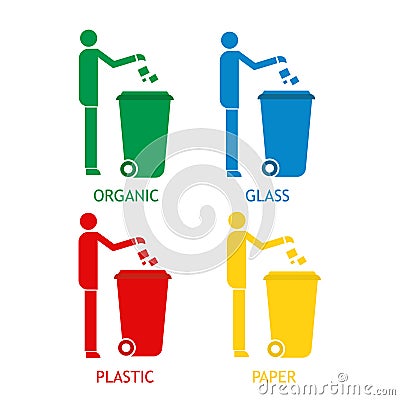 Sign human with multi Coloured Garbage Trash Bins Vector Illustration