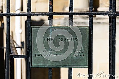 Sign identifying the location of the historic circular street `The Circus` in Bath city centre Editorial Stock Photo