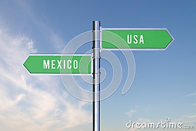 Sign indicating the direction of the borders between two countries Mexico,Usa, 3d render Stock Photo