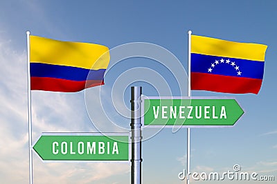 Sign indicating the direction of the borders between two countries Venezuela,Colombia 3D RENDERING Stock Photo