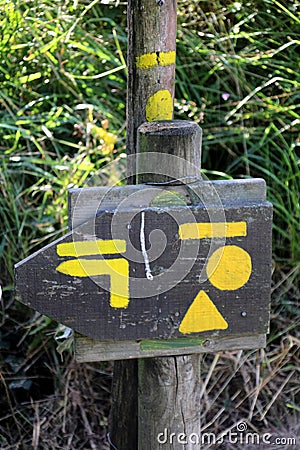 Sign indicating hikes through fields and woods Stock Photo