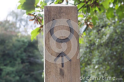 Sign indicating horse riding trail with horseshoe and arrow in wood Stock Photo