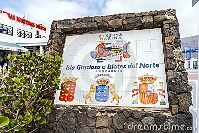 Sign informing about Graciosa island and northern islets Marine Reserve, Orzola, Lanzarote, Canary Islands Editorial Stock Photo