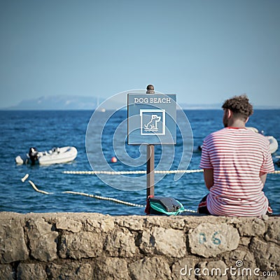 Sign with the inscription dog beach on a campsite in Krk in Croatia Editorial Stock Photo