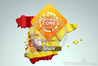 A sign with the inscription orange zone on the background of a map of Spain with the Spanish flag. Orange danger level, Cartoon Illustration
