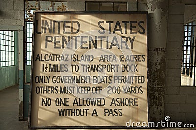 Sign inside Alcatraz Penitentiary Editorial Stock Photo