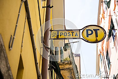 Sign for Italian Postal Service in the historic Cinque Terre village of Riomaggiore in La Spezia, Liguria, Italy - 18th May 2016 Editorial Stock Photo