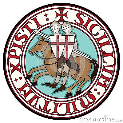 Sign Of The Knight Templars. Two knight Crusader on horseback with spears, in a circle from the text of the slogan of Vector Illustration