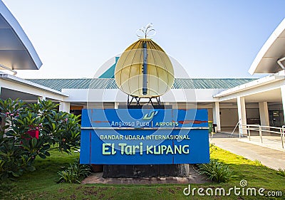 Sign of Kupang Airport, El Tari, with Sasando, a traditional music instrument as icon. Editorial Stock Photo