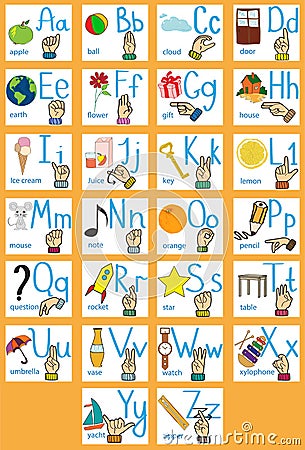 Sign language and alphabet. Cartoon letters. Creative English alphabet. ABC concept. Vector Illustration