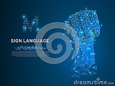 Sign language M letter, Figa Shish Kukish behind third finger. Polygonal low poly. People silent communication. Vector Vector Illustration