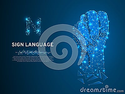 Sign language N letter, Figa Shish Kukish behind second finger. Polygonal low poly. People silent communication. Vector Vector Illustration