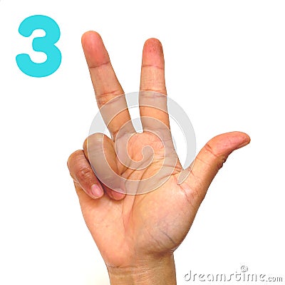 Sign language number 3 for the deaf . Finger spelling ASL. Hand gesture number three Stock Photo