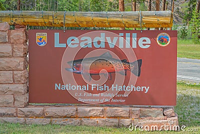 The sign for Leadville National Fish Hatchery. Greenback Cutthroat Trout are grown there in the Rocky Mountains of Colorado Editorial Stock Photo