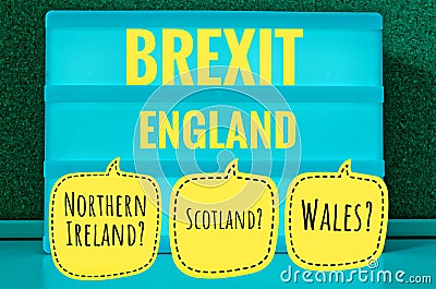 Sign with light inscription in German Brexit, England, Northern Ireland, Wales and Scotland in English Northern Ireland, Scotland, Stock Photo