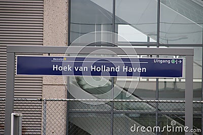 Sign at the light rail station Hoek van Holland where stop is created for the Hoekse Lijn but still not running due to technical i Editorial Stock Photo
