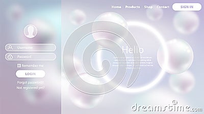 Sign In Login form glassmorphism style. Luxury pearl sphere background with defocused white light circle frame. Landing page Vector Illustration