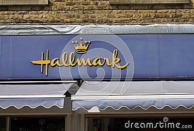 Sign and logo above a hallmark card and gift store in brighouse town centre Editorial Stock Photo