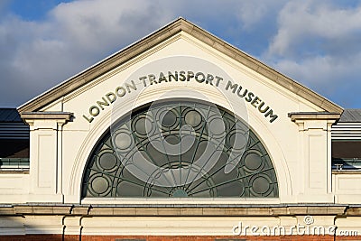 Sign on the London Transport Museum building in Covent Garden London Editorial Stock Photo