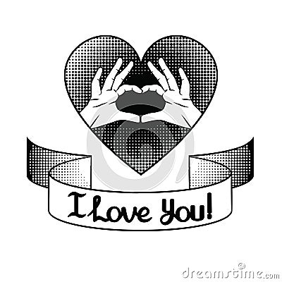 Sign of love over halftone background with ribbon and lettering I love you Cartoon Illustration