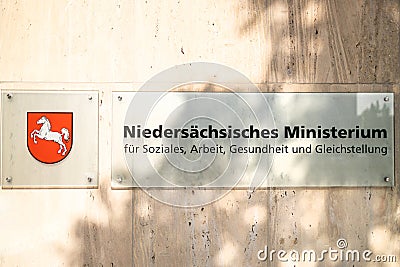 a sign of Lower Saxony Ministry for Social Affairs, Labor, Health and Equality Editorial Stock Photo