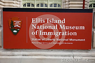 Sign at the Main Entrance to the Immigration Museum at Ellis Island in Upper New York Bay. USA Editorial Stock Photo