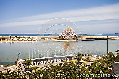 Sign of Makassar City and 99 Domes Mosque in Makassar, Indonesia. Stock Photo
