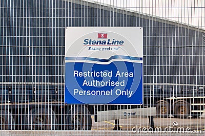 A sign marking a restricted area around the Stena Line ferry terminal in Birkenhead. Editorial Stock Photo