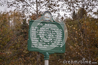 Sign marking the 45th Parallel in northern New Hampshire Editorial Stock Photo