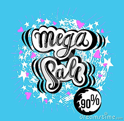 Sign Mega Sale, icon for your web, label, icon, minimal dynamic design. Limited Offer Mega Sale banner. Sale poster. Hand drawn de Cartoon Illustration