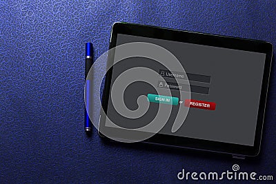 Sign in membership username password concept on tablet screen with blue pen on blue pattern Stock Photo