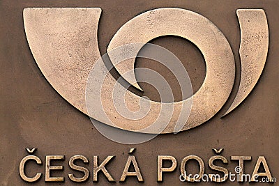 A sign on metal plate, inscription in Czech - Czech Post, Czechoslovak Commercial Bank, Postal Savings Bank.Postal logo, Czech Editorial Stock Photo