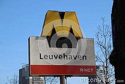 Sign of the metro station Leuvehaven in Rotterdam Editorial Stock Photo