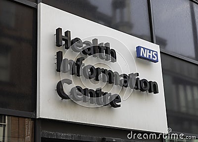 Sign for NHS Health Information Centre in Liverpool May 2018 Editorial Stock Photo