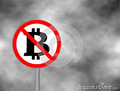 Sign No Bitcoin isolated on grey sky background. Prohibition cartoon sign. Not Allowed Sign. Vector illustration. Vector Illustration