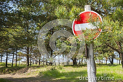 Sign of no-entry to the forest, protecting forests. Stock Photo