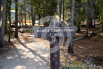 Sign for the Norris Campground, one mile, in Yellowstone National Park Editorial Stock Photo
