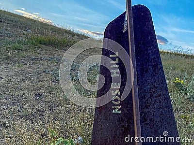 A sign at the Nose Hills park. A natural park in the northwest quadrant of Calgary. Stock Photo