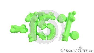 The sign -15off. Made of trendy fresh green matte metal material isolate on white background. 3d illustration Cartoon Illustration