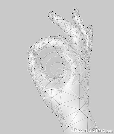 Sign Ok finger signal agreement. 3d low poly model of human hand connected dots point line. White gray color. Pecfect Vector Illustration