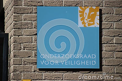Sign of the `Onderzoeksraad voor de Veiligheid` in the Hague Editorial Stock Photo