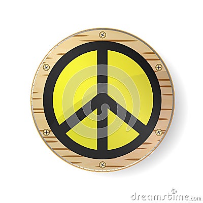 Sign pacifist, peace symbol. Black Hippie sign in gold frame, circle with birch bark and white background. Abstract glossy design Vector Illustration