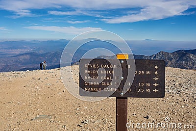 Trail sign on summit of Mt. Baldy near Los Angeles Editorial Stock Photo