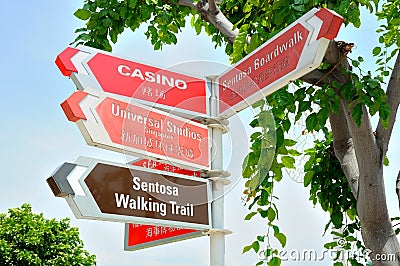 Sign post showing locations within the island of Sentosa in Singapore Editorial Stock Photo